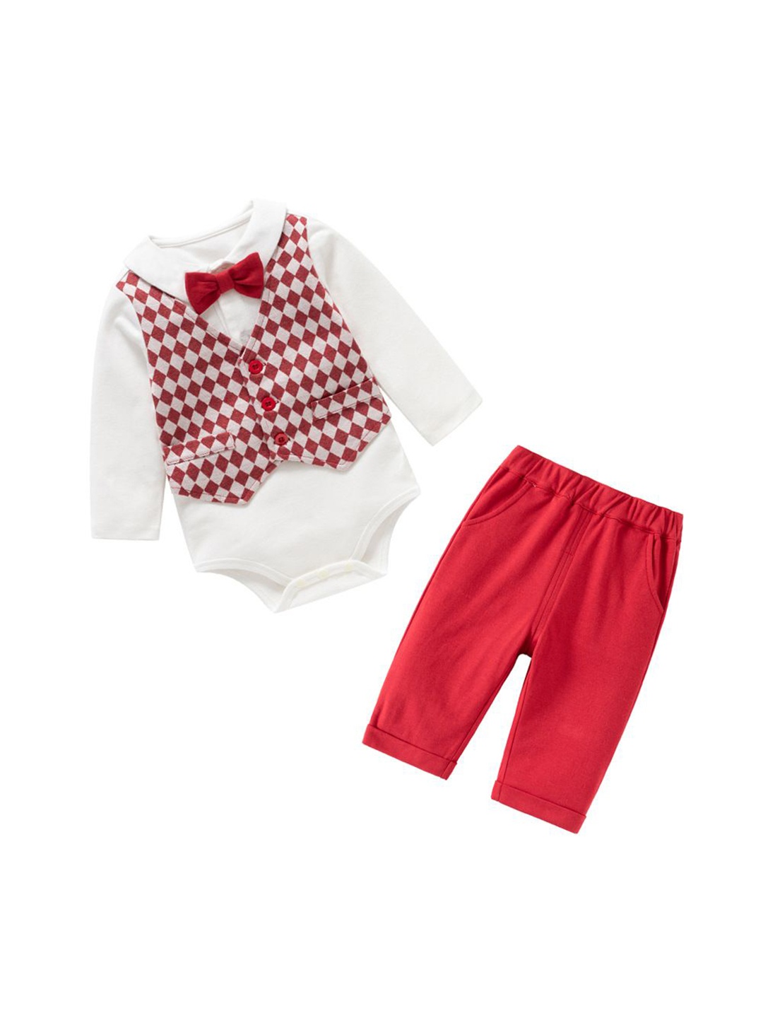 

StyleCast x Revolte Boys Shirt Collar Long Sleeves Romper With Trouser With Waistcoat, Red