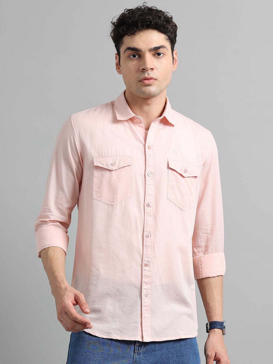 

SORATIA Men Spread Collar Solid Cotton Linen Casual Shirt, Peach