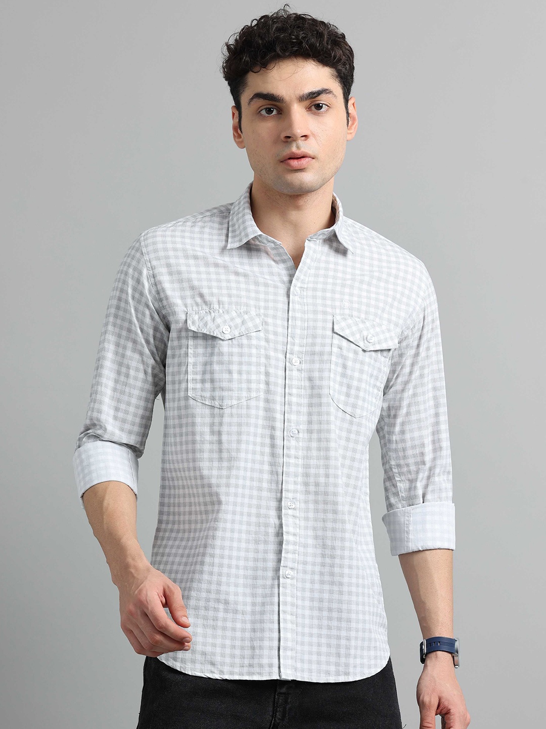 

SORATIA Men Spread Collar Gingham Checked Cotton Casual Shirt, White