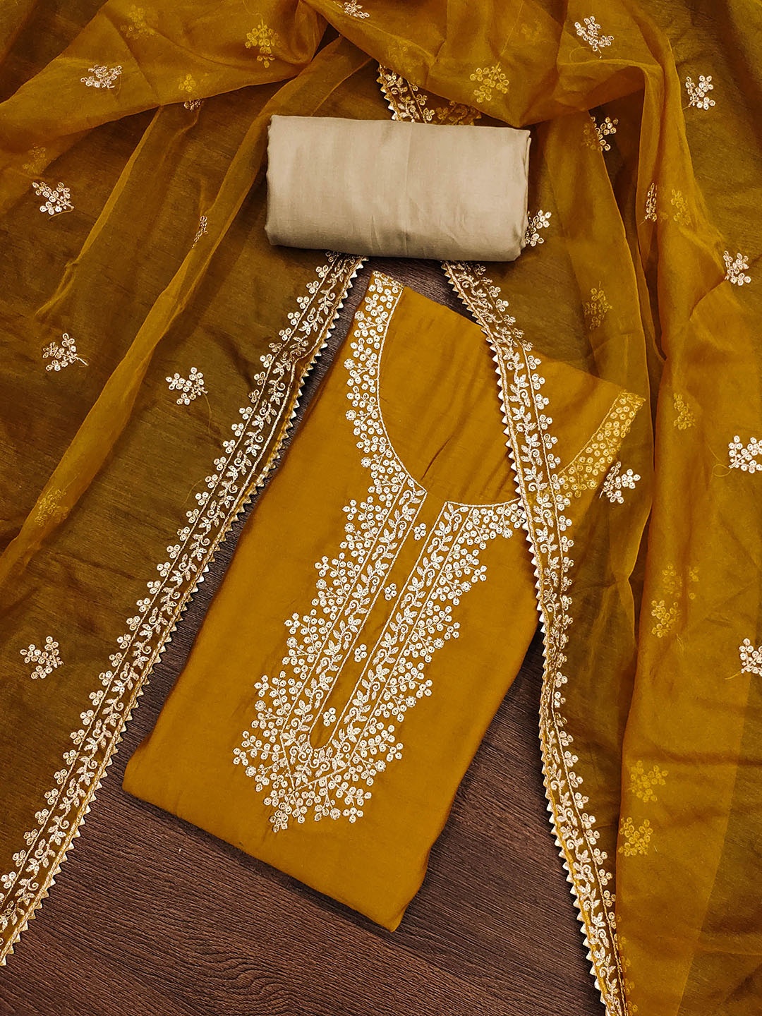 

MANVAA Embellished Unstitched Dress Material, Mustard