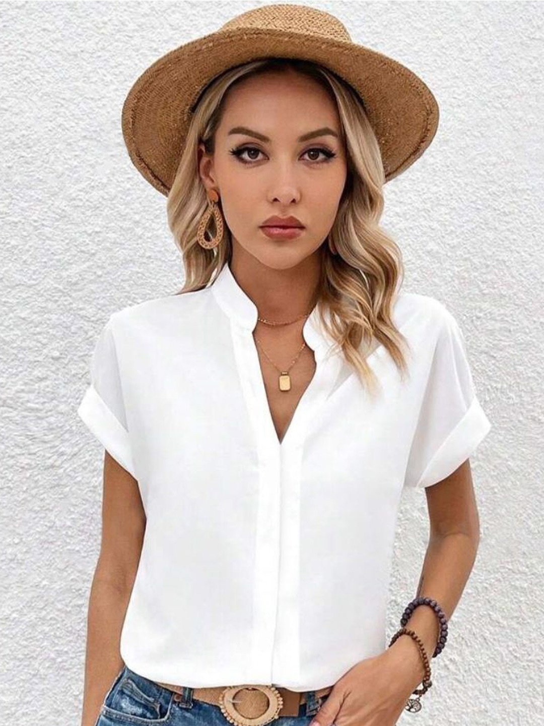 

BAESD Women Mandarin Collar Straight Western Top, White