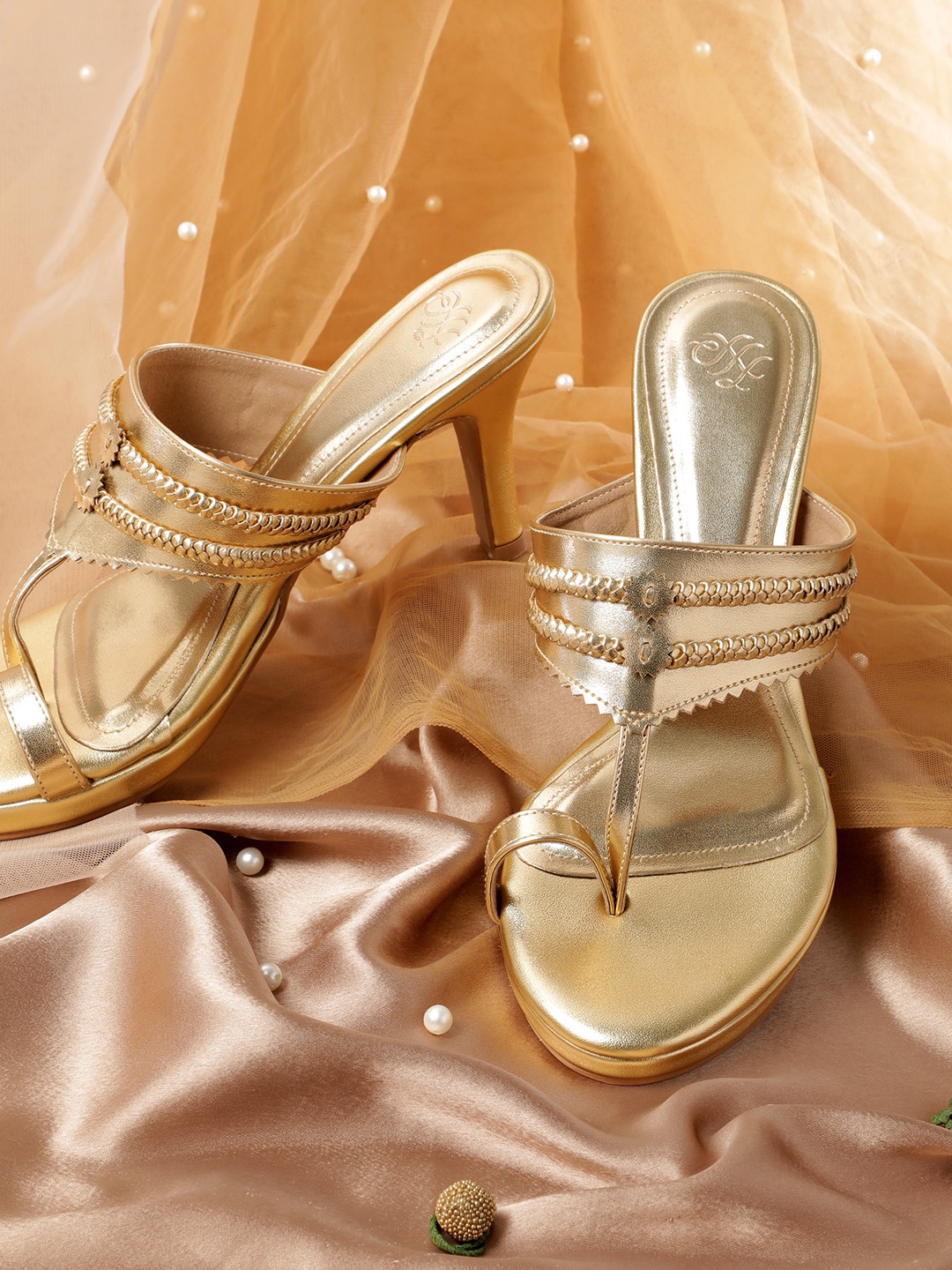 

House of Pataudi Open Toe Woven Design Slim Heels, Gold