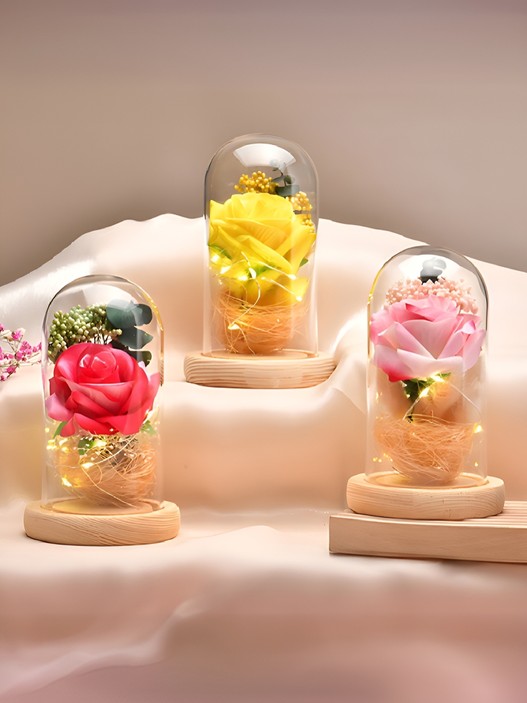 

Gleevers Yellow & Transparent Glass & Wooden Base Showpiece With LED Light