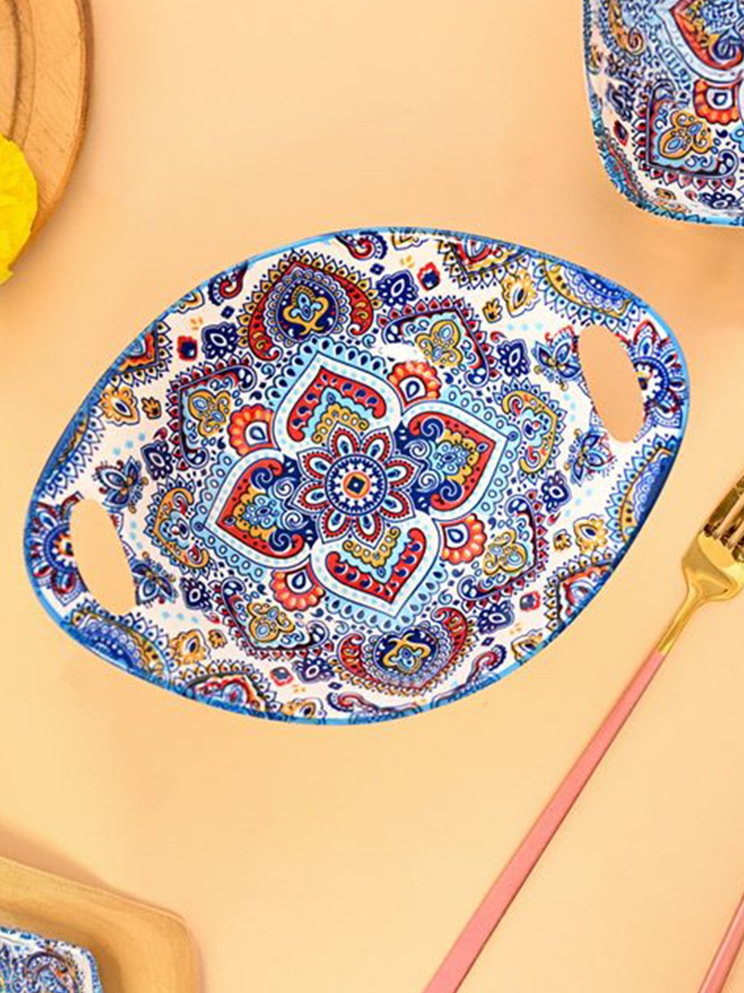 

MARKET99 Blue & White Ethnic Motifs Printed Ceramic Easy to Clean Food Platter