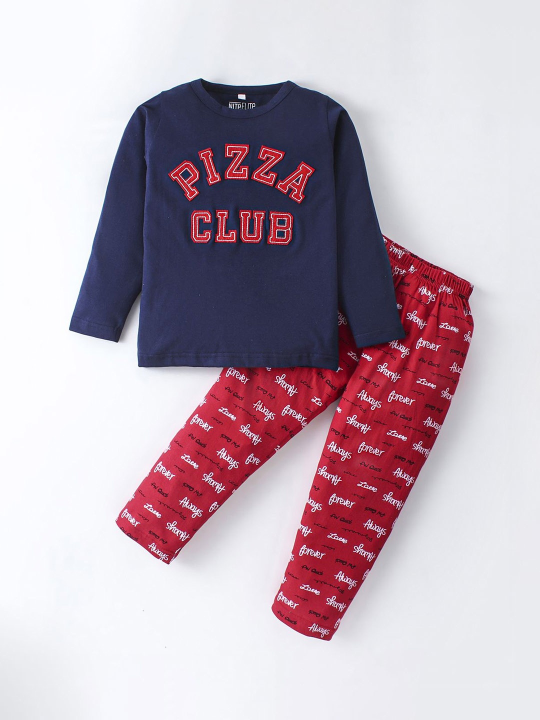 

Nite Flite Girls Typography Printed Pure Cotton Night suit, Navy blue