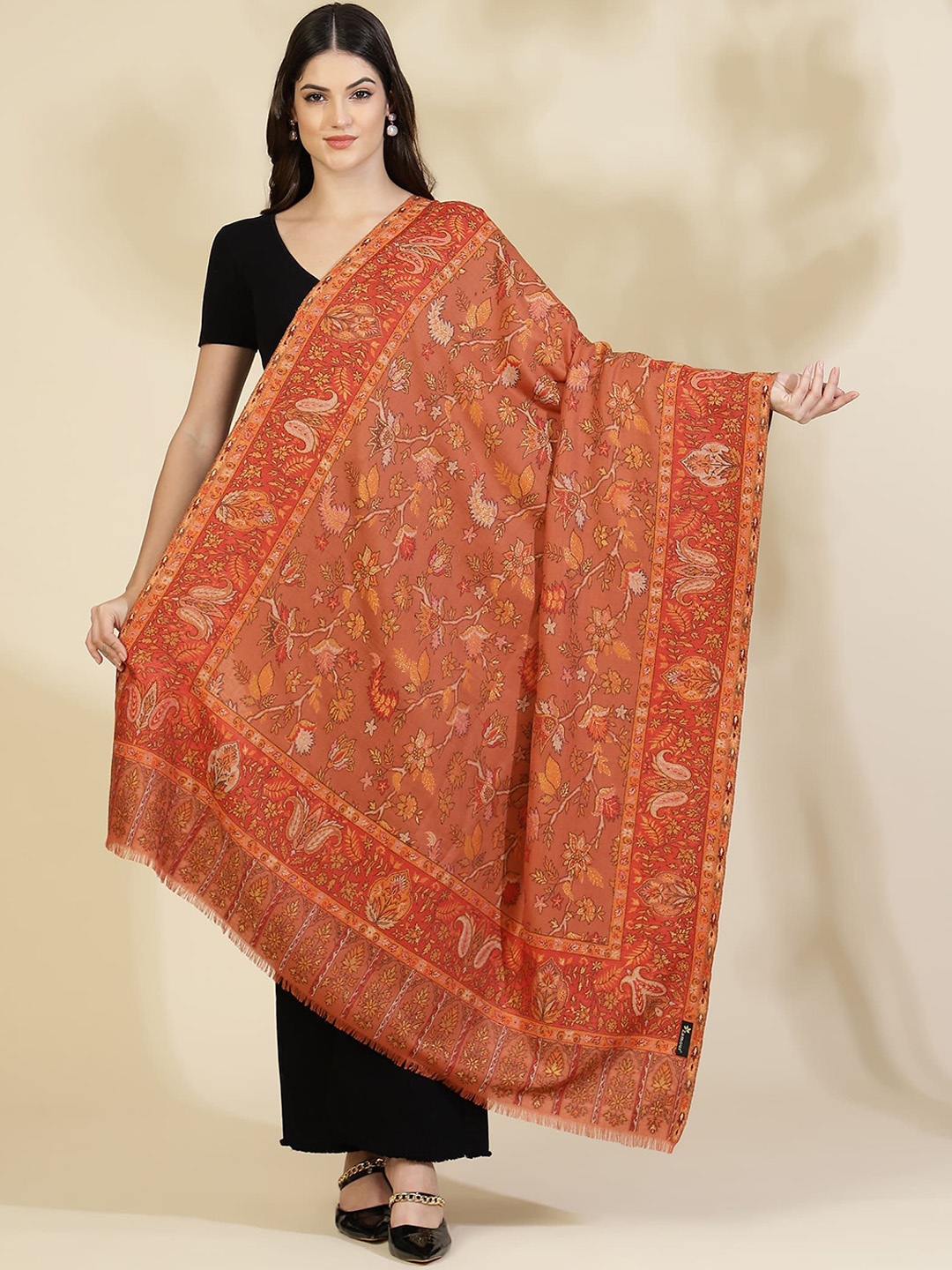 

Zamour Floral Woven Design Zari Woollen Shawl, Rust