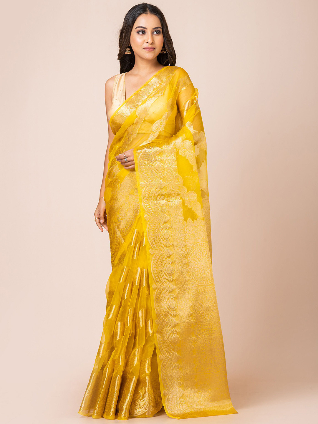 

KAVVYA Woven Design Zari Silk Blend Banarasi Saree, Yellow