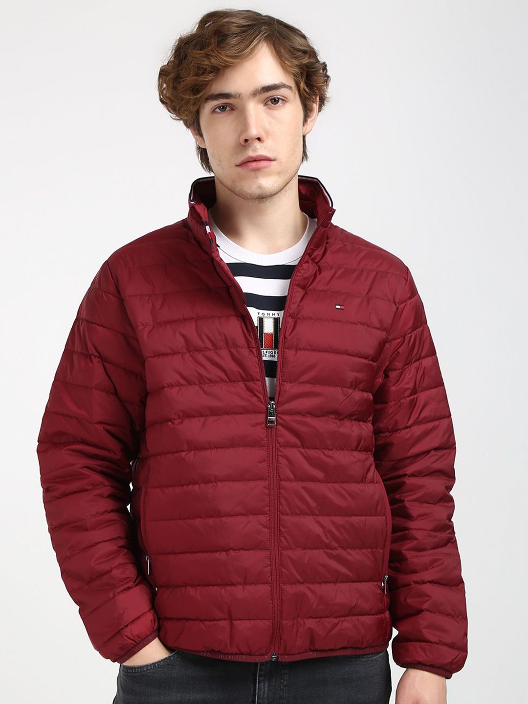 

Tommy Hilfiger Men Mock Collar Solid Casual Puffer Jacket, Red