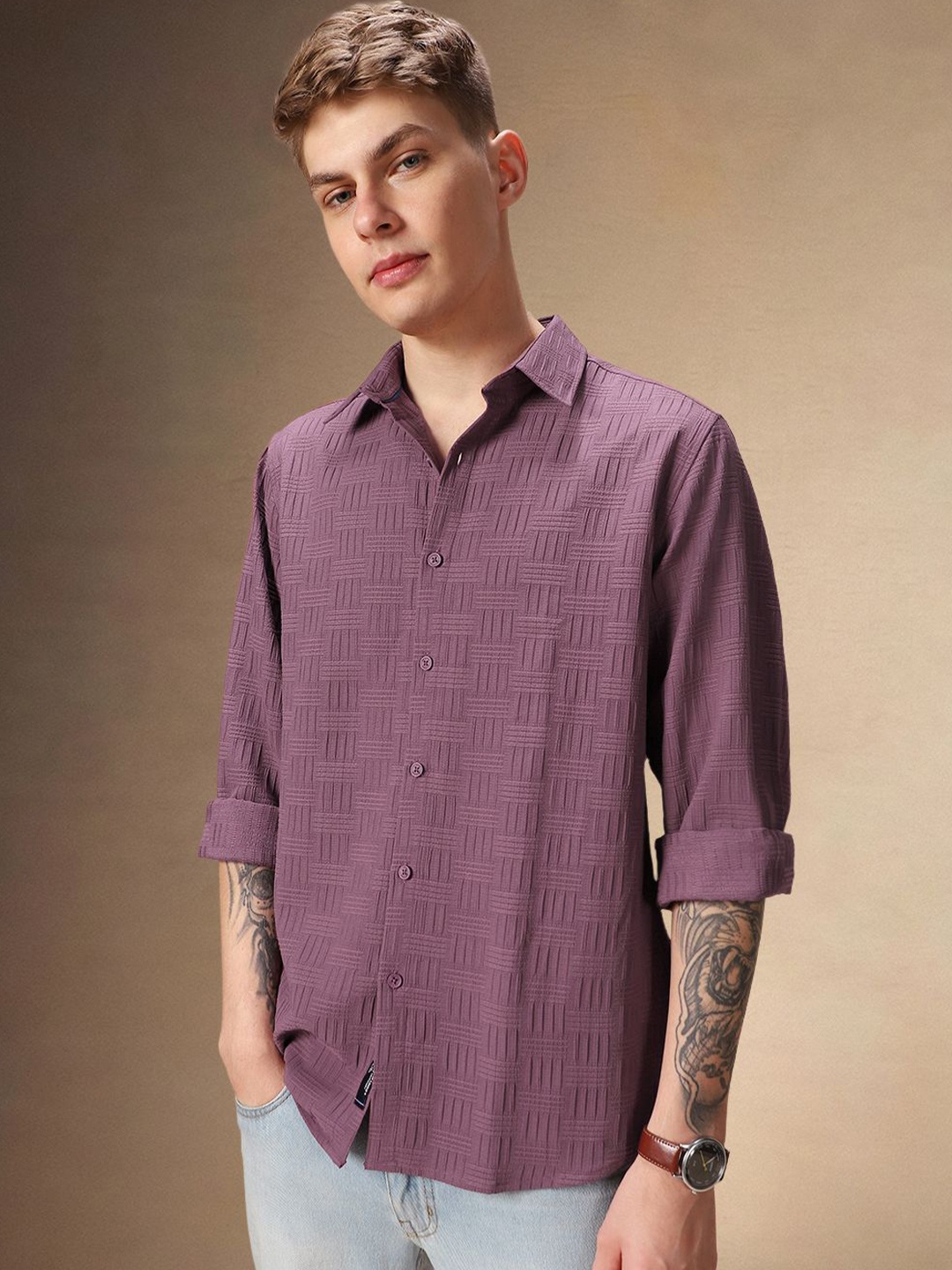 

Dennis Lingo Men Spread Collar Textured Cotton Casual Shirt, Mauve