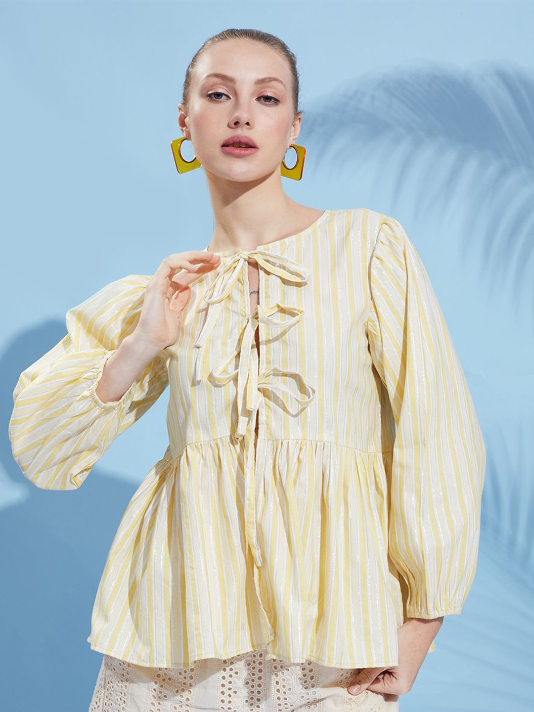 

Fashfun Women Striped Tie-up Puff Sleeve Cotton Top, Yellow