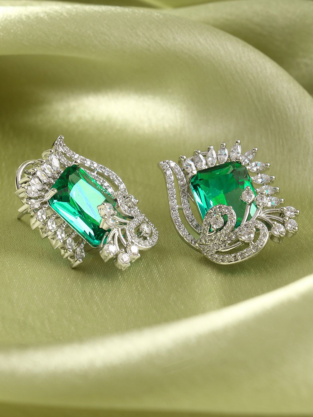 

Adwitiya Collection Rhodium-Plated American Diamond Studded Contemporary Studs, Green