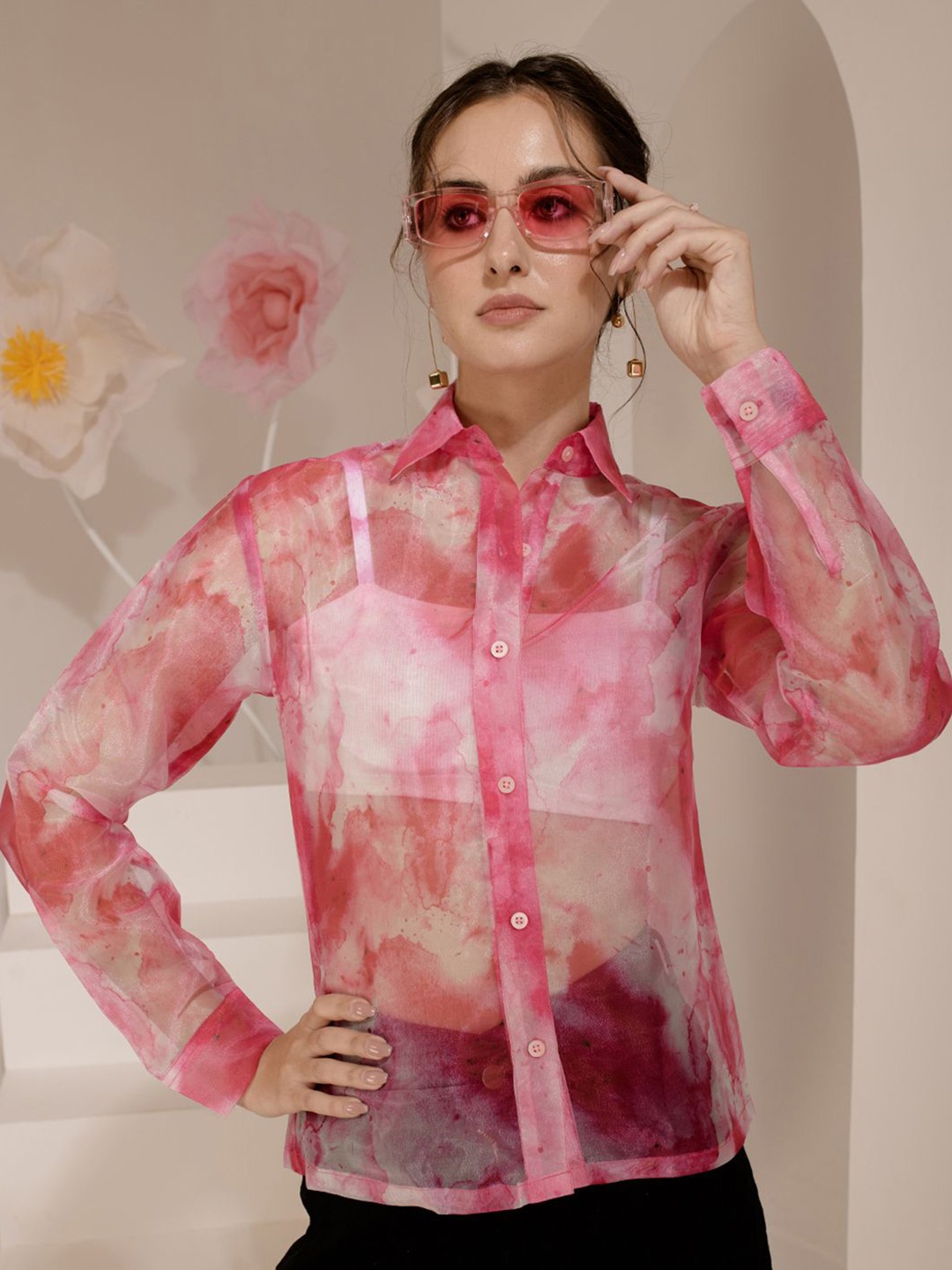 

BAESD Women Standard Spread Collar Abstract Printed Casual Shirt, Pink