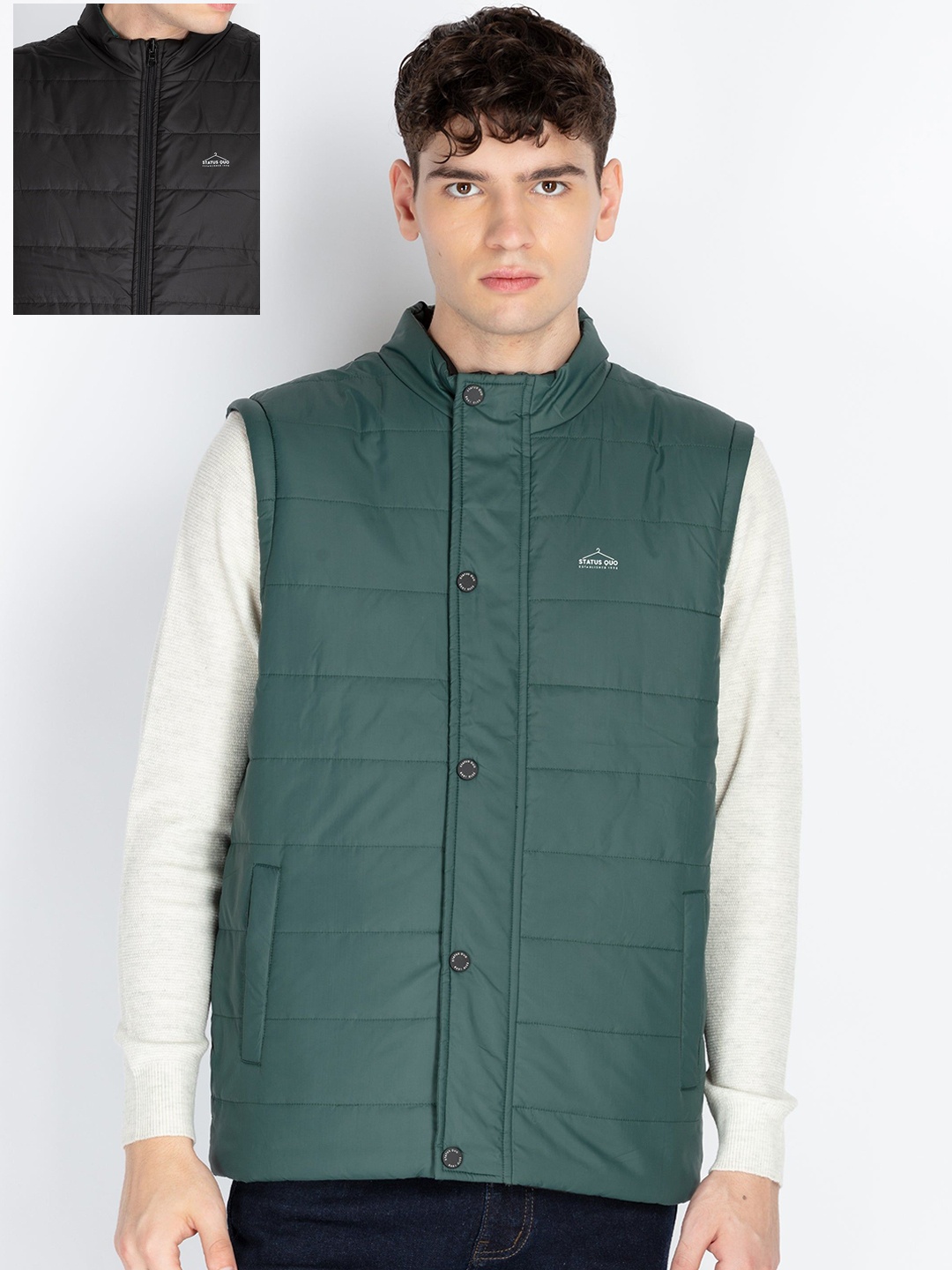 

Status Quo Men Mock Collar Solid Casual Padded Reversible Jacket, Green