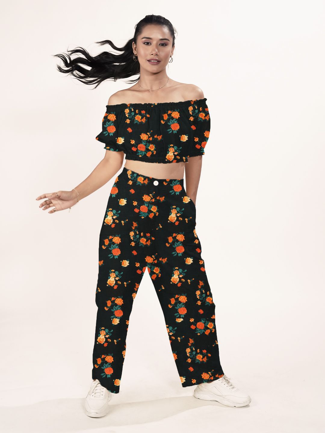 

Zink London Women Floral Printed Off-Shoulder Crop Top, Black