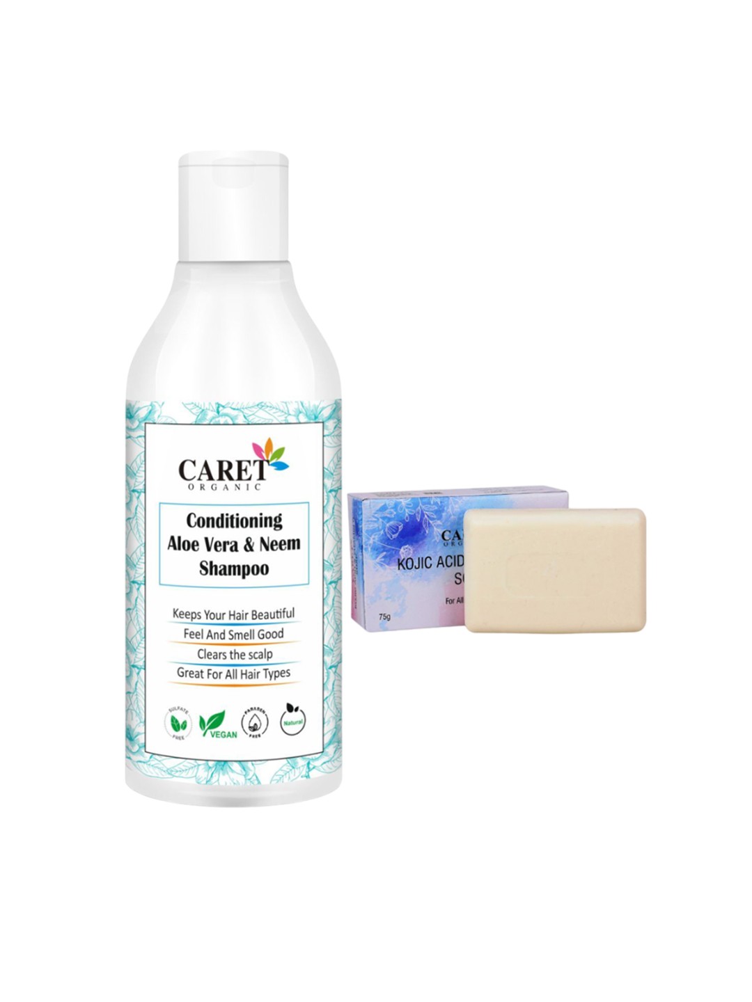 

CARET ORGANIC Set Of 2 Aloevera & Neem Shampoo - 300 ml & Kojic Acid Soap Combo - 75 g, White
