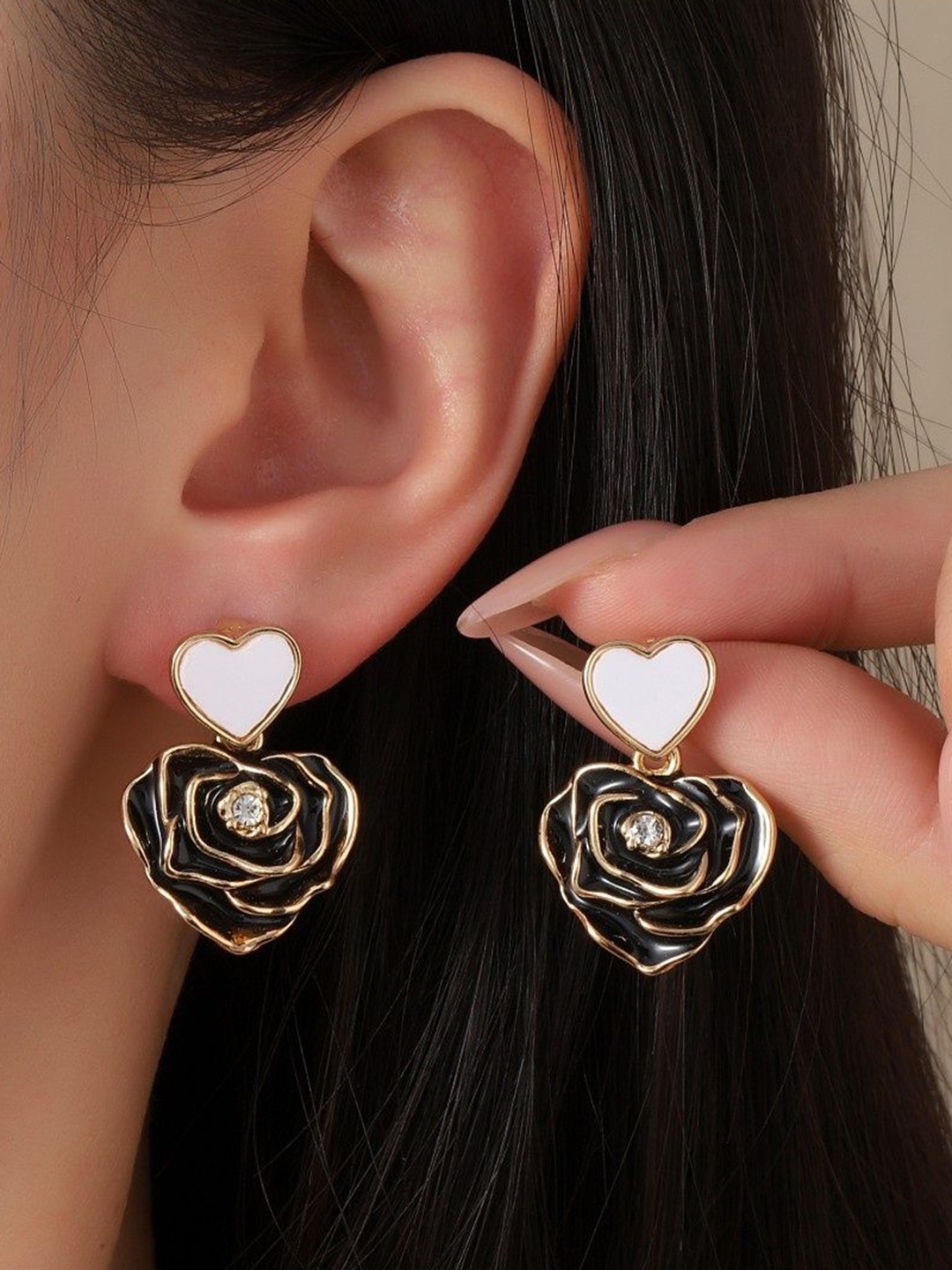 

SALTY Stone Studded Spring Luxury Heart Shaped Drop Earrings, Gold
