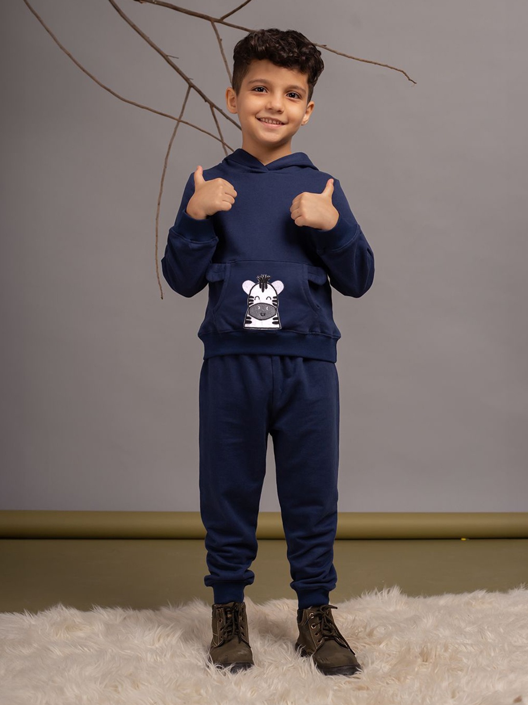 

Budding Bees Boys Hooded Printed Pure Cotton Sweatshirt and Joggers, Navy blue