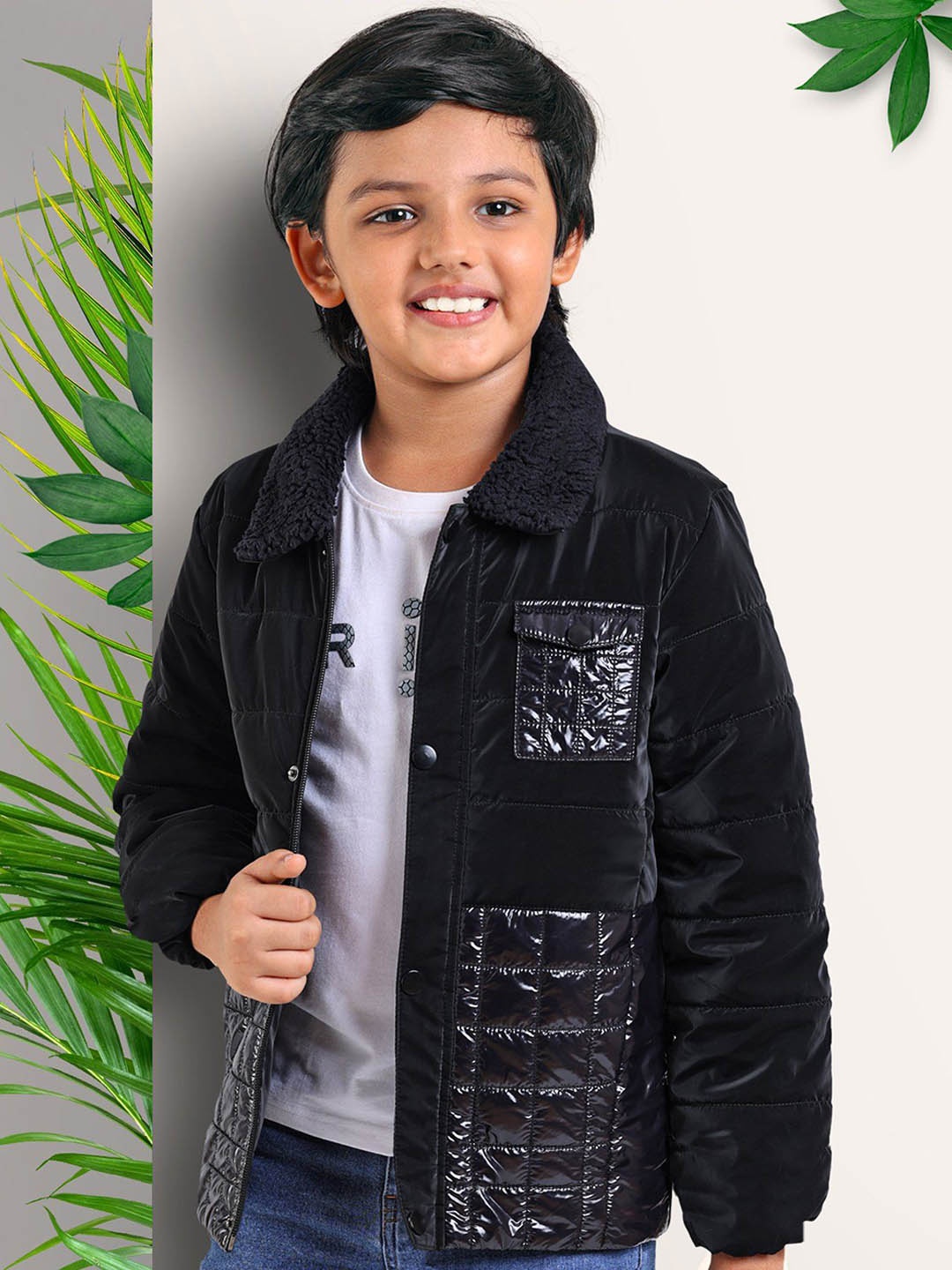 

ARIAS By LARA DUTTA Boys Spread Collar Solid Casual Padded Jacket, Black