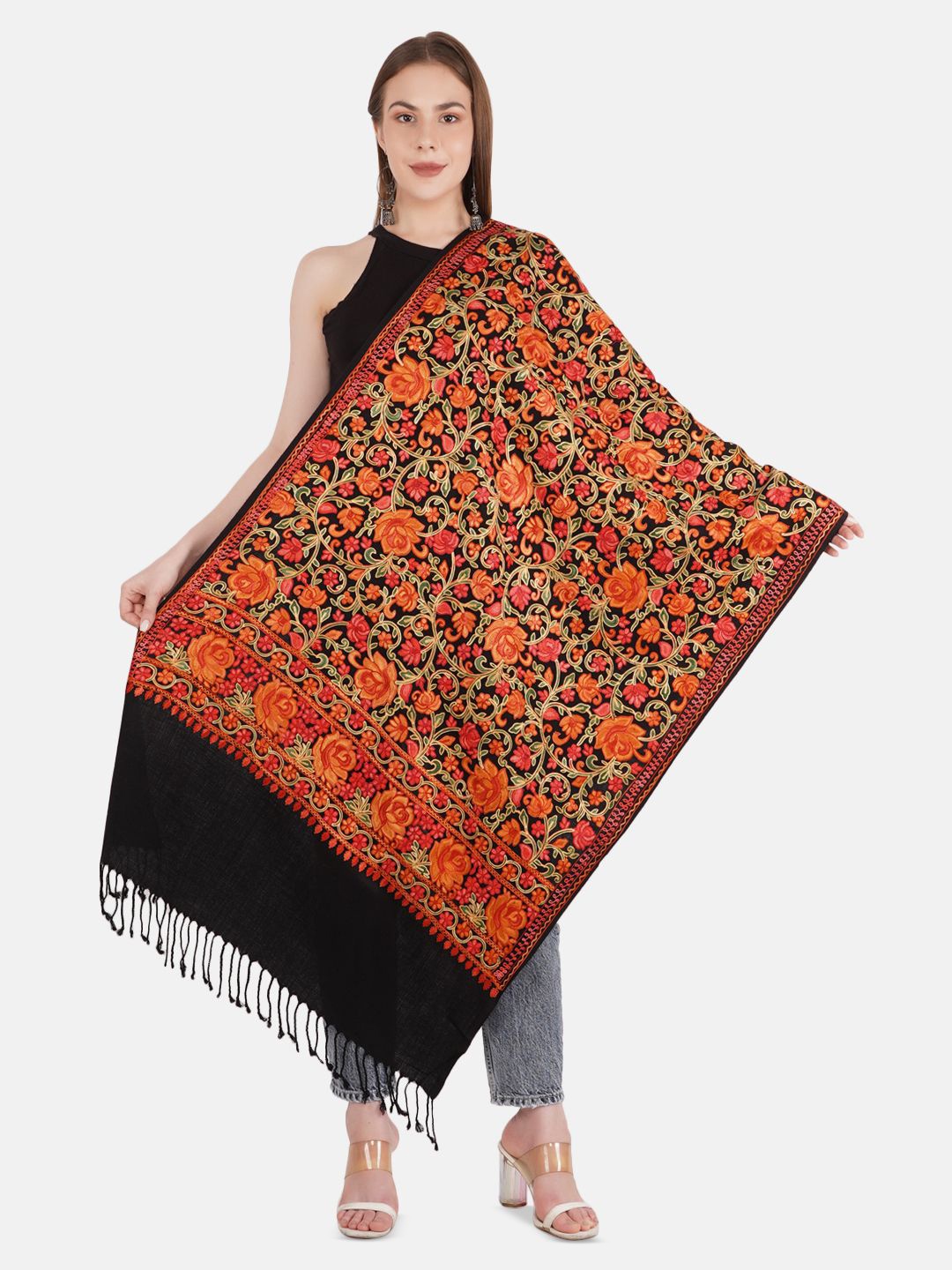 

MUFFLY Women Embroidered Stole With Tasselled Border, Black