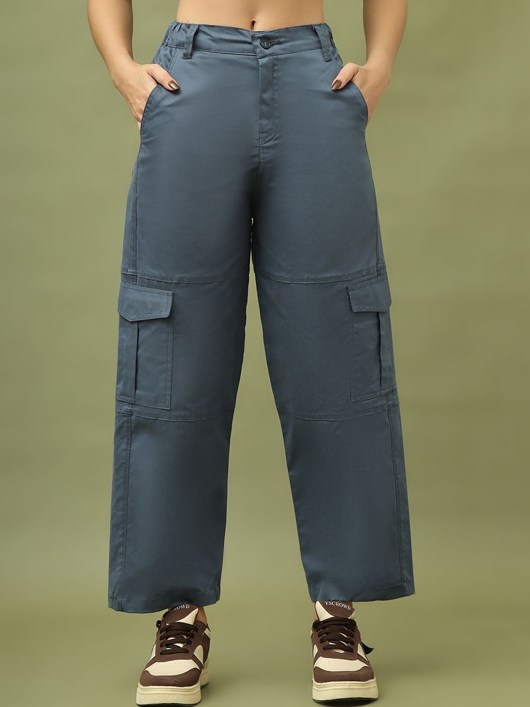 

TAG 7 Women Relaxed Straight Leg Straight Fit High-Rise Cargos Trousers, Blue