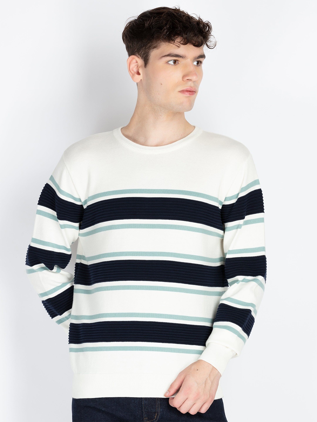 

Status Quo Men Striped Round Neck Cotton Pullover Sweater, White