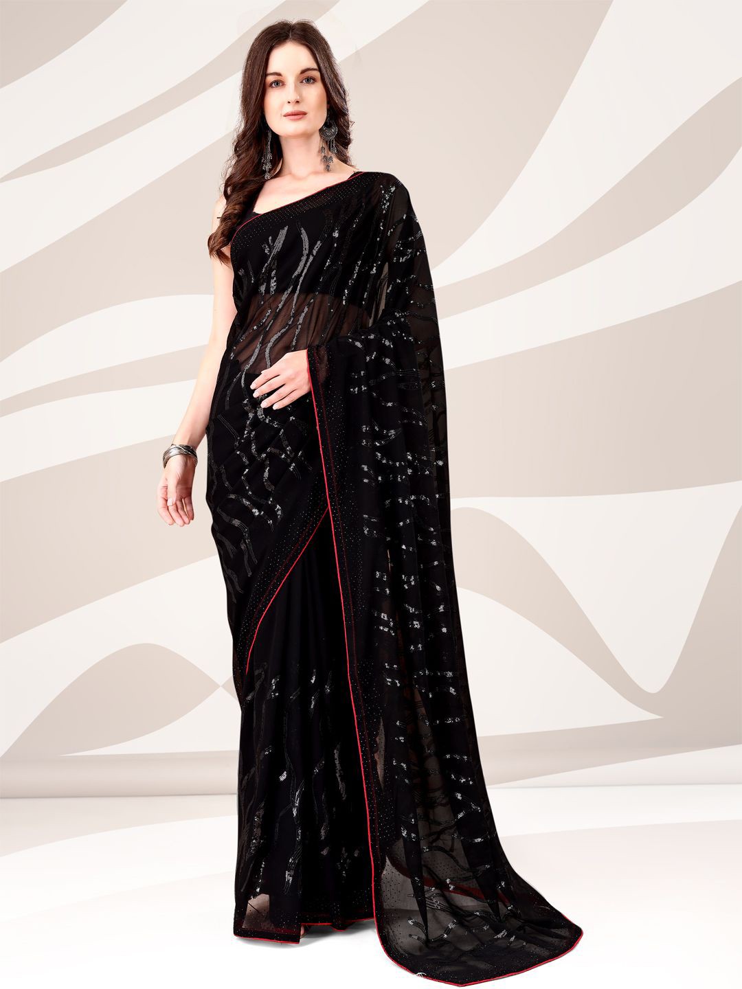 

Indian Women Sequin Embellished Pure Georgette Saree, Black