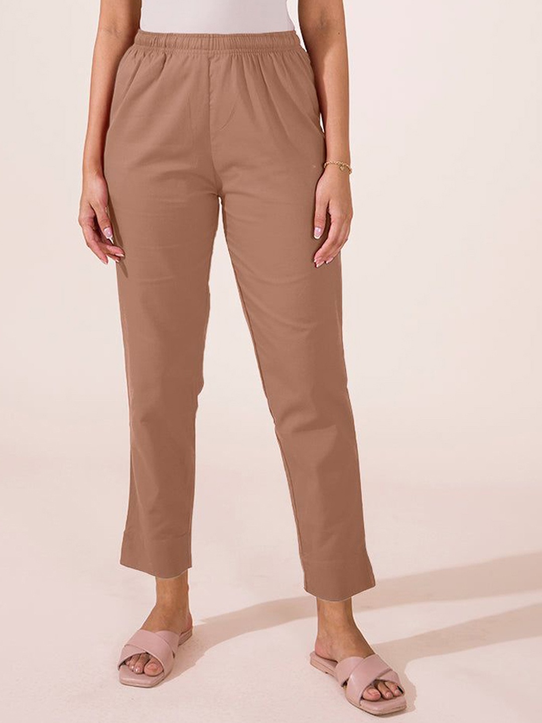 

IndianRang Women Cotton Mid-Rise Relaxed Straight Leg Cigarette Trousers, Brown