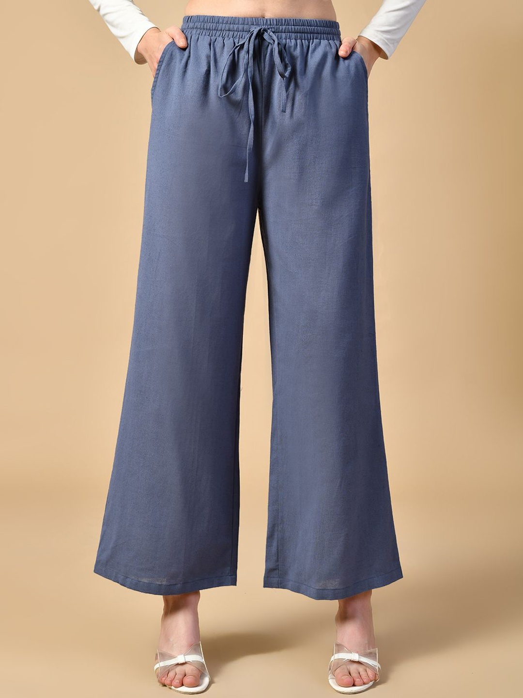 

PRETTY LOVING THING Women Cotton Regular Fit Mid-Rise Drawstring Trousers, Blue