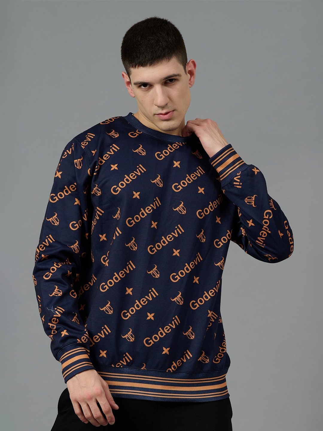 

GO DEVIL Men Printed Round Neck Pullover Sweatshirt, Blue