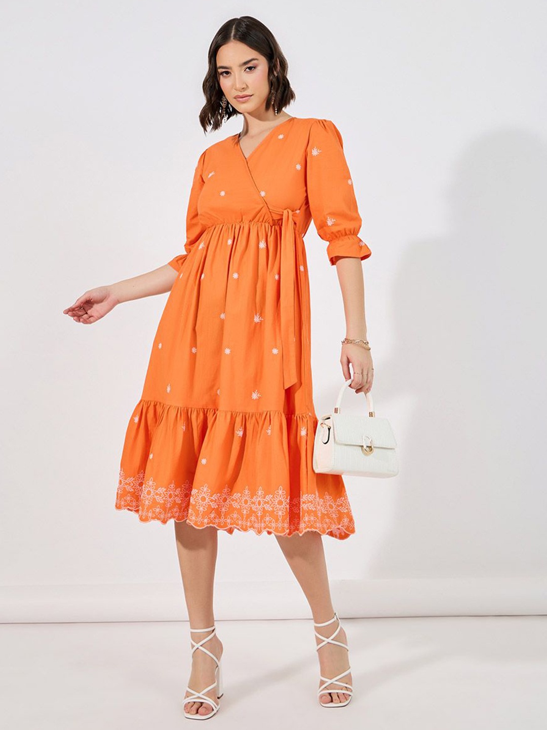 

Styli Women V-Neck Embroidered Wrap Midi Length Dress, Orange