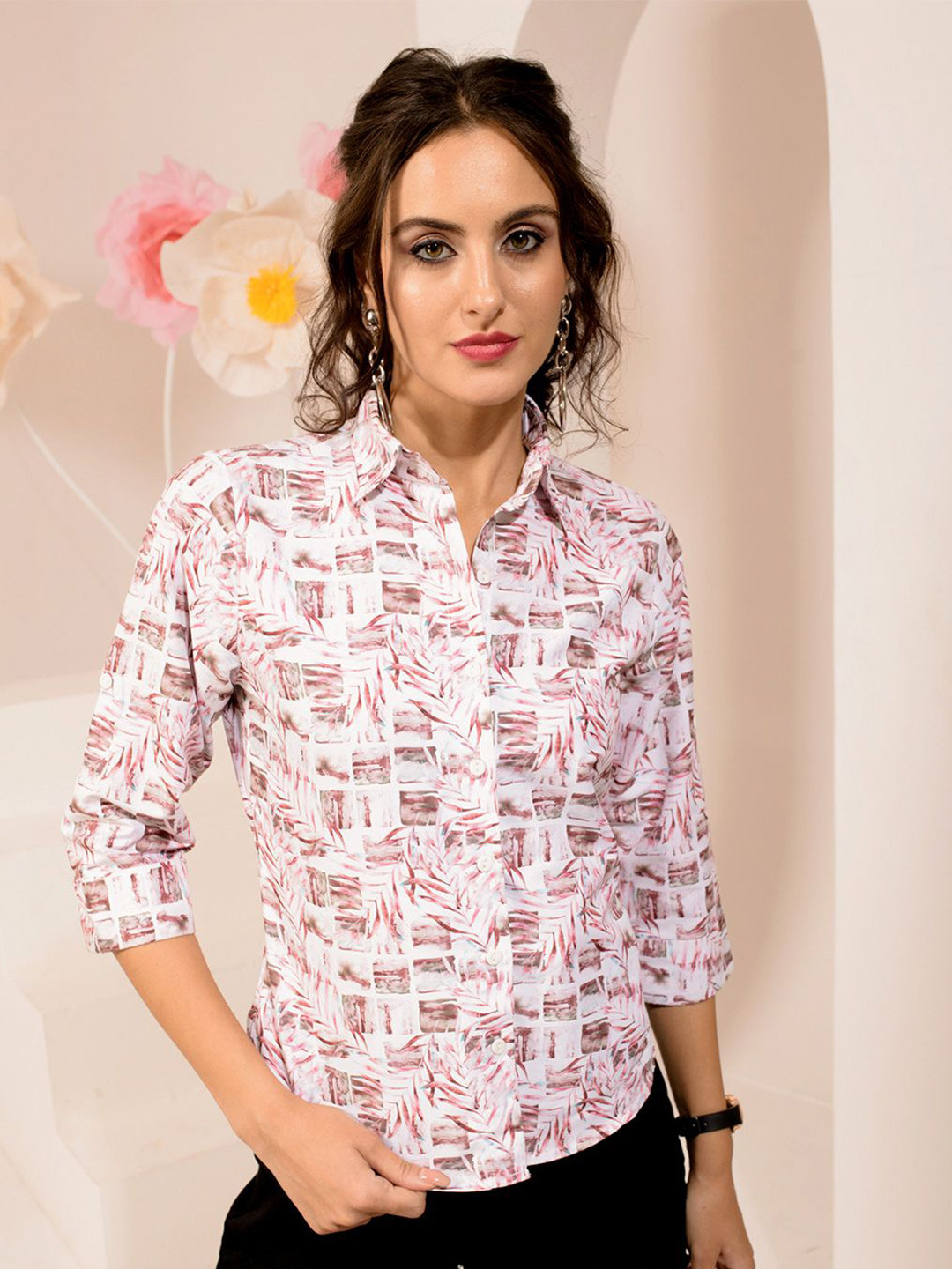 

BAESD Women Standard Spread Collar Floral Printed Casual Shirt, White