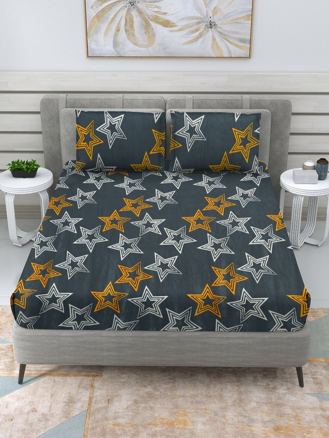 

RRC Grey & Yellow Geometric Woolen 300 TC Double Queen Bedsheet Set-2.28 m X 2.54 m