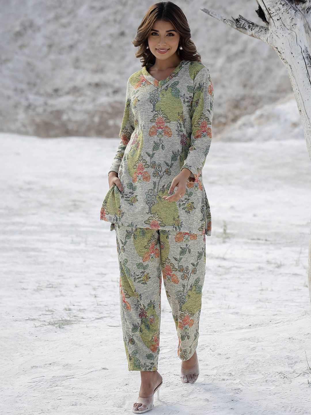 

FLAVIA CREATION Printed Woolen Tunic With Trouser, Grey