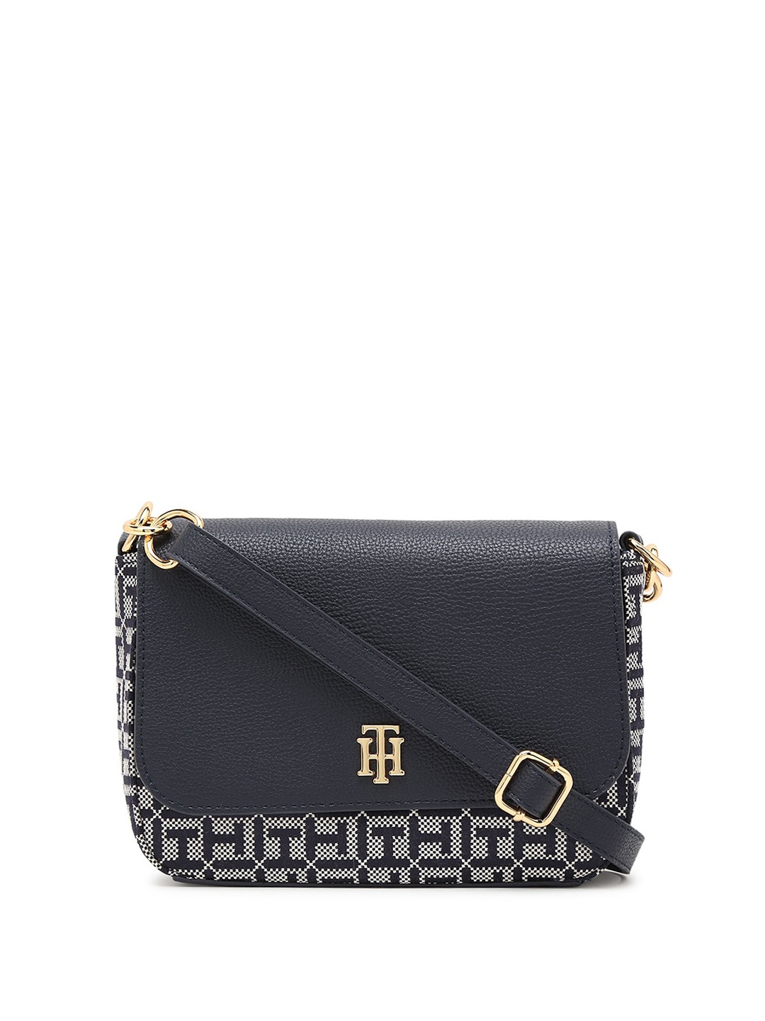 

Tommy Hilfiger Women Brand Logo Printed Structured Leather Sling Bag, Navy blue