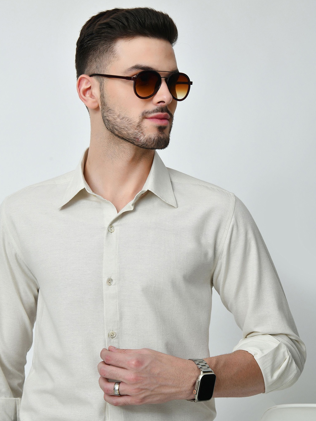 

AMBI Men Standard Spread Collar Solid Cotton Casual Shirt, Cream
