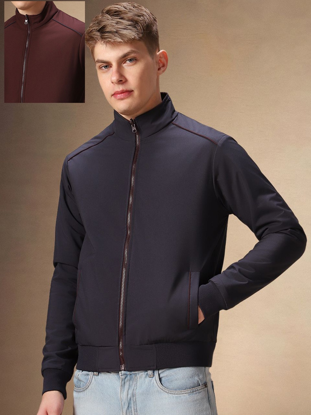 

Dennis Lingo Men Mock Collar Solid Casual Bomber Jacket, Maroon
