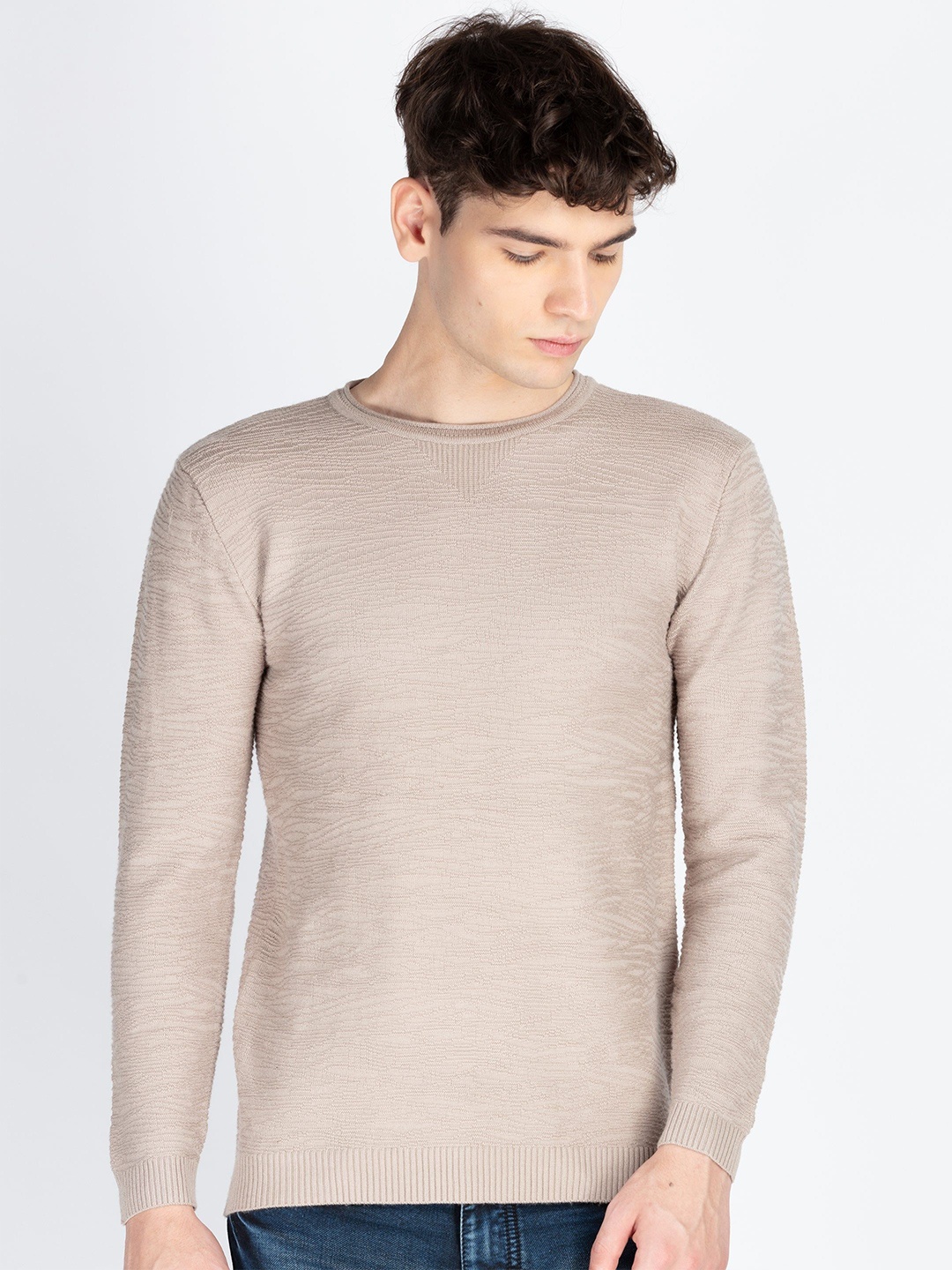 

Status Quo Men Round Neck Cotton Pullover Sweater, Beige