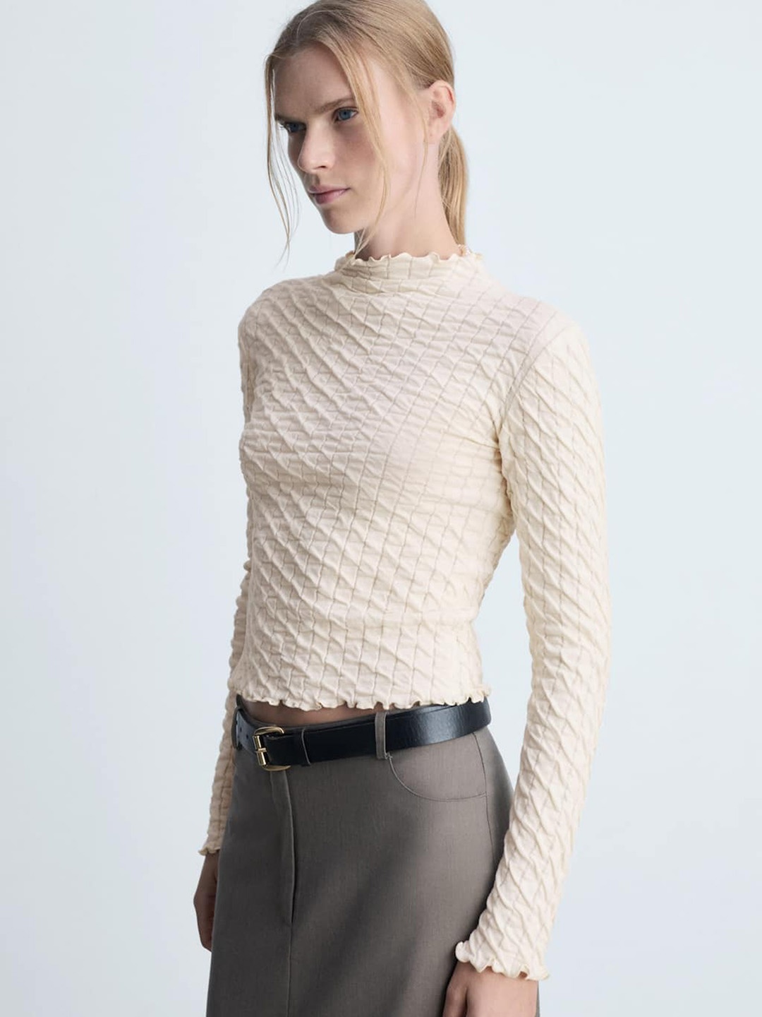 

MANGO High Neck Textured T-shirt, Beige