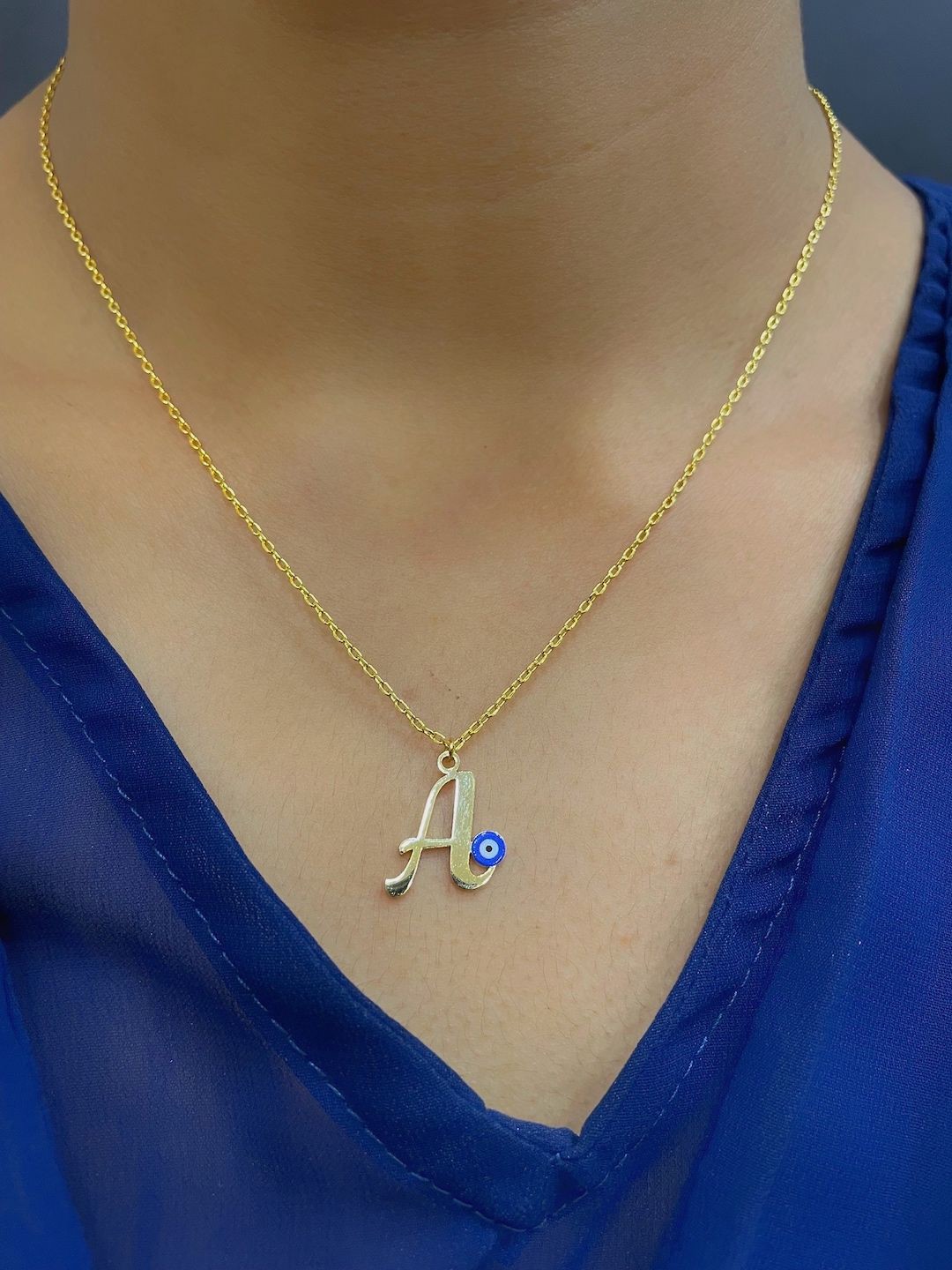 

Digital Dress Room Gold-Plated Letter 'A' Evil Eye Pendant Chain