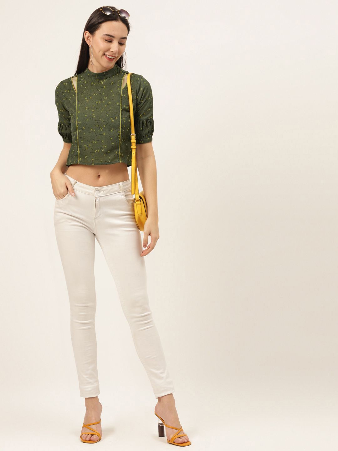 

SHECZZAR Women Floral Printed Puff Sleeve Crop Top, Green