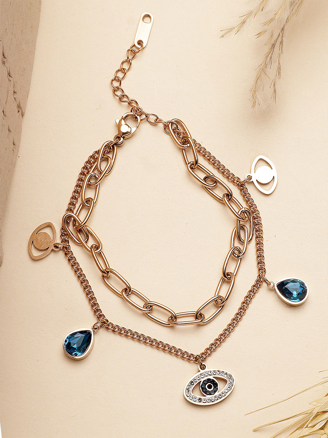 

Bohey by KARATCART CZ Stainless Steel Rose Gold-Plated Evil Eye Charm Bracelet