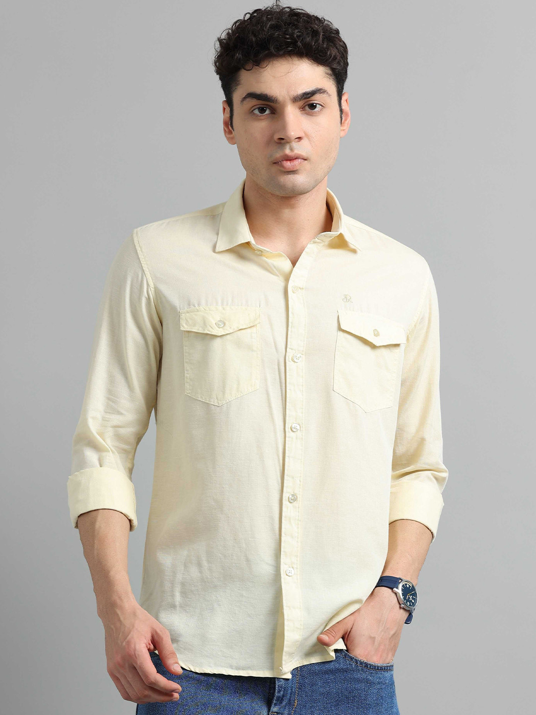 

SORATIA Men Spread Collar Solid Cotton Linen Casual Shirt, Yellow