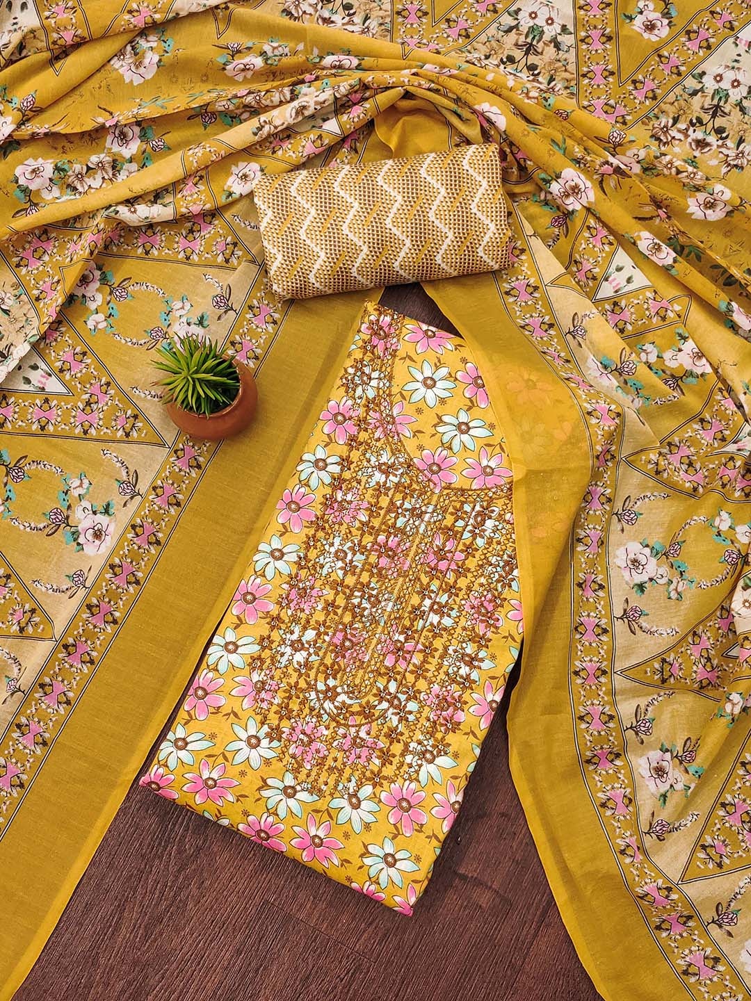 

MANVAA Floral Embellished Unstitched Dress Material, Mustard