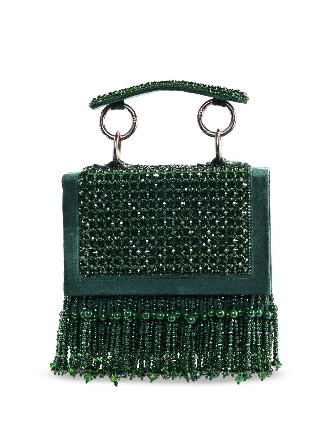

House of Kosha Women Green Embellished Suede Swagger Satchel