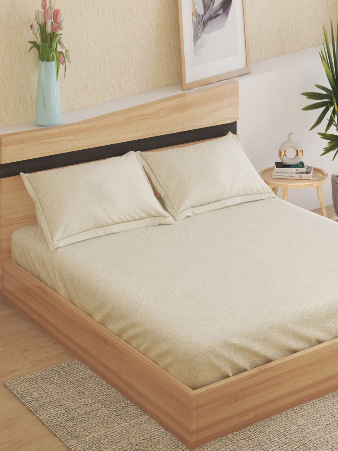 

Home Centre Oxford Beige Ethnic Motifs Cotton 200 TC Fitted King Bedsheet Set-1.95mx1.80 m