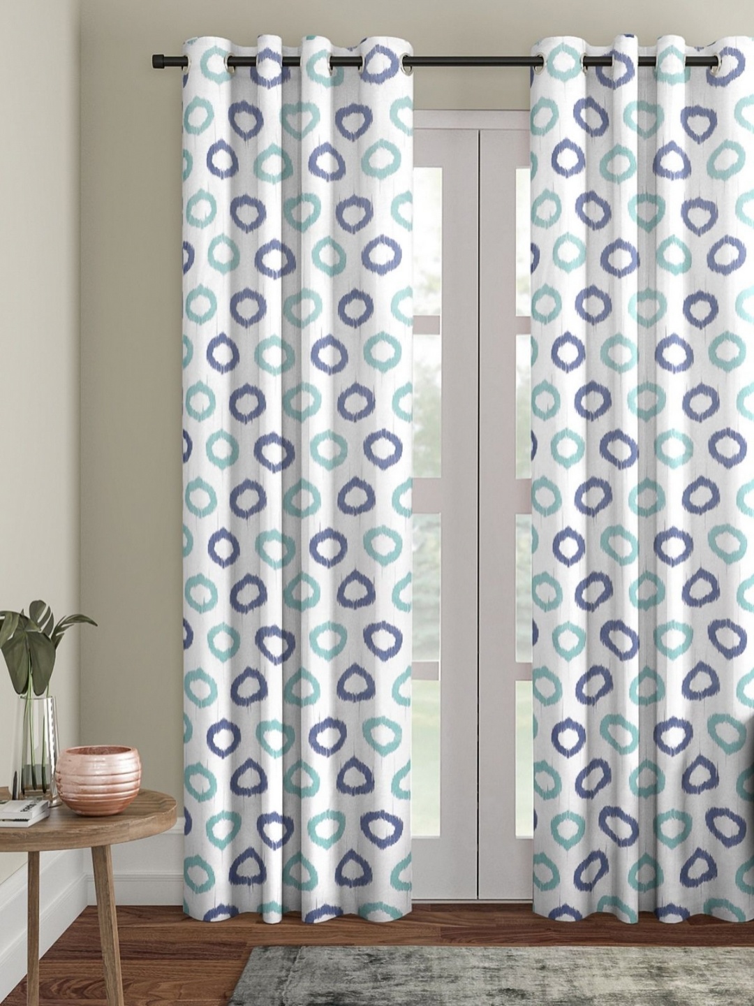 

Myntra Elegant Homes White & Blue 2 Pieces Geometric Printed Room Darkening Door Curtains