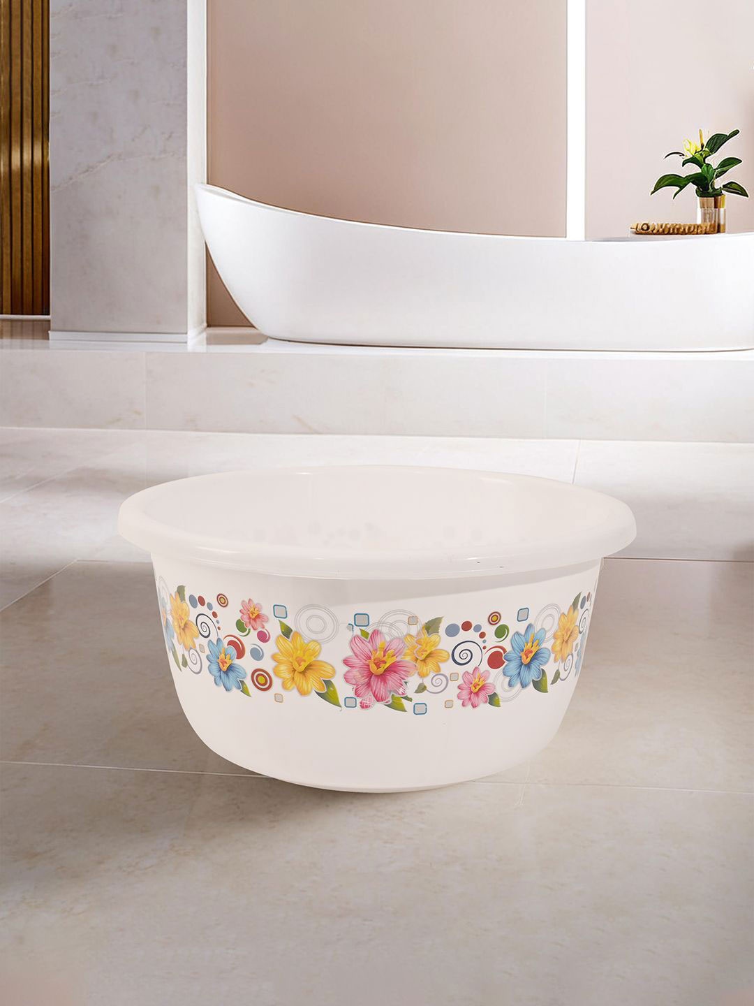

Kuber Industries White & Yellow 4 Pieces Floral Printed Bath Tubs 40 L Each