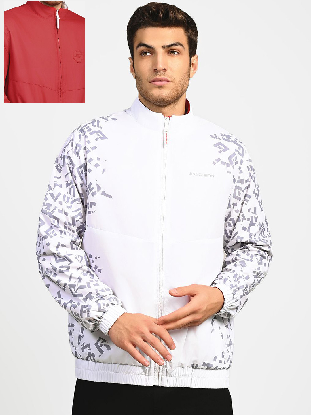 

Skechers Men Mock Collar Abstract Printed Casual Bomber Jacket, White