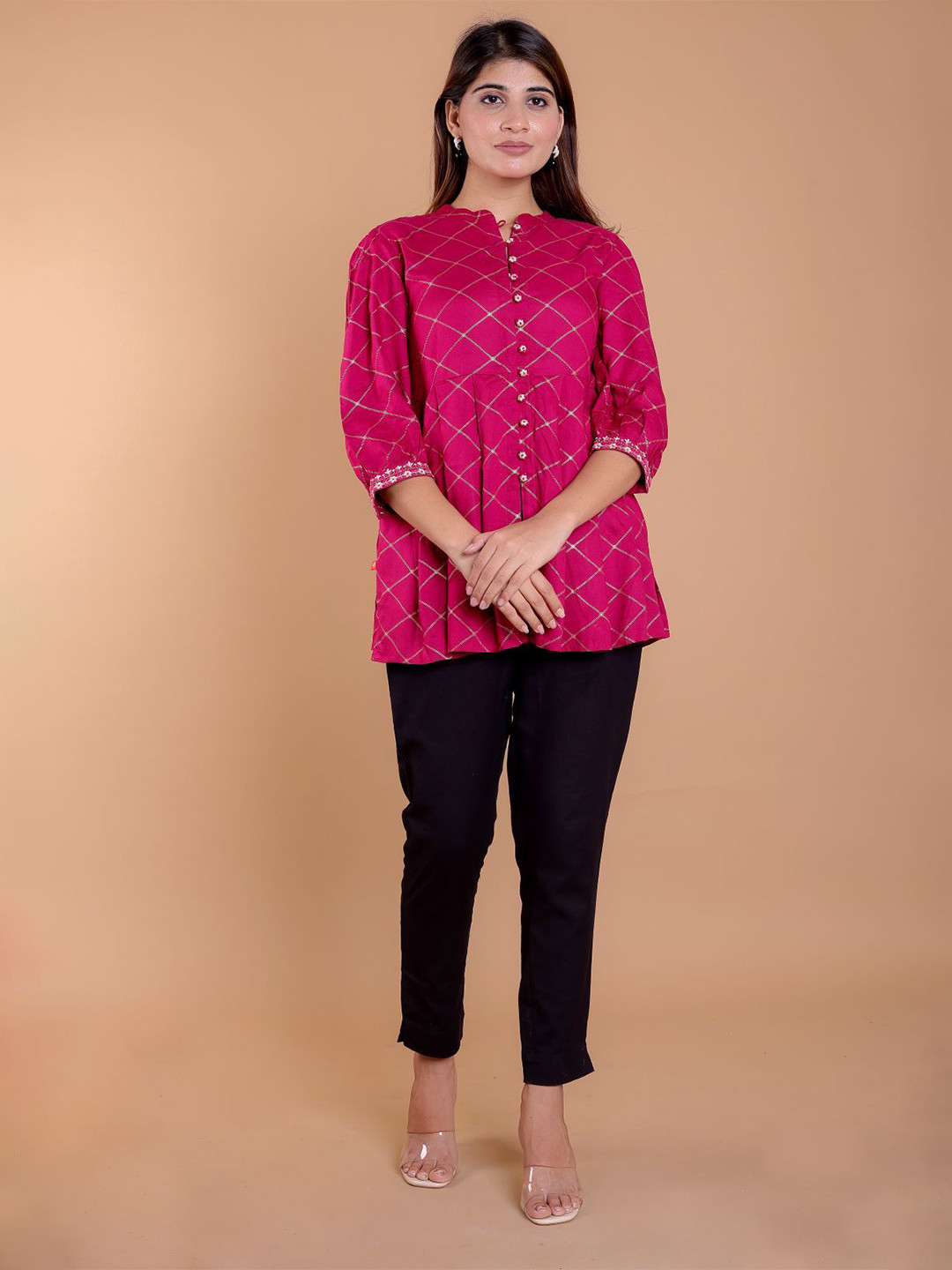 

Chandbaali Geometric Print Three-Quarter Sleeves Mandarin Collar Top, Fuchsia