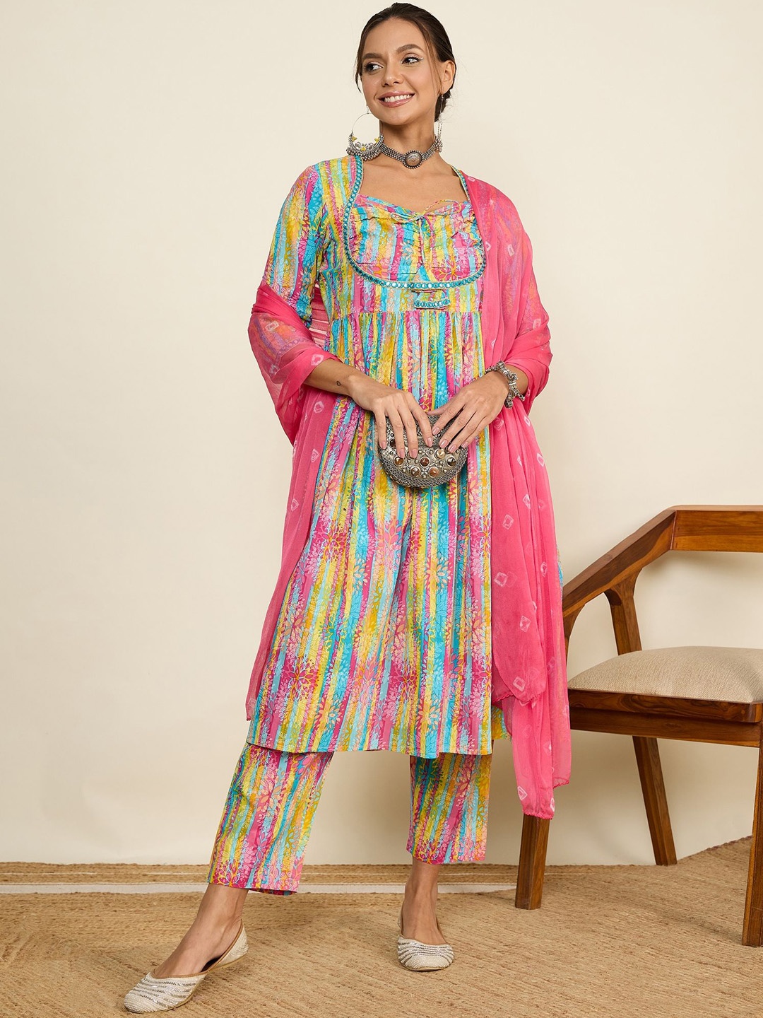 

WineRed Abstract Printed Pure Cotton Anarkali Kurta With Trouser & Dupatta, Pink